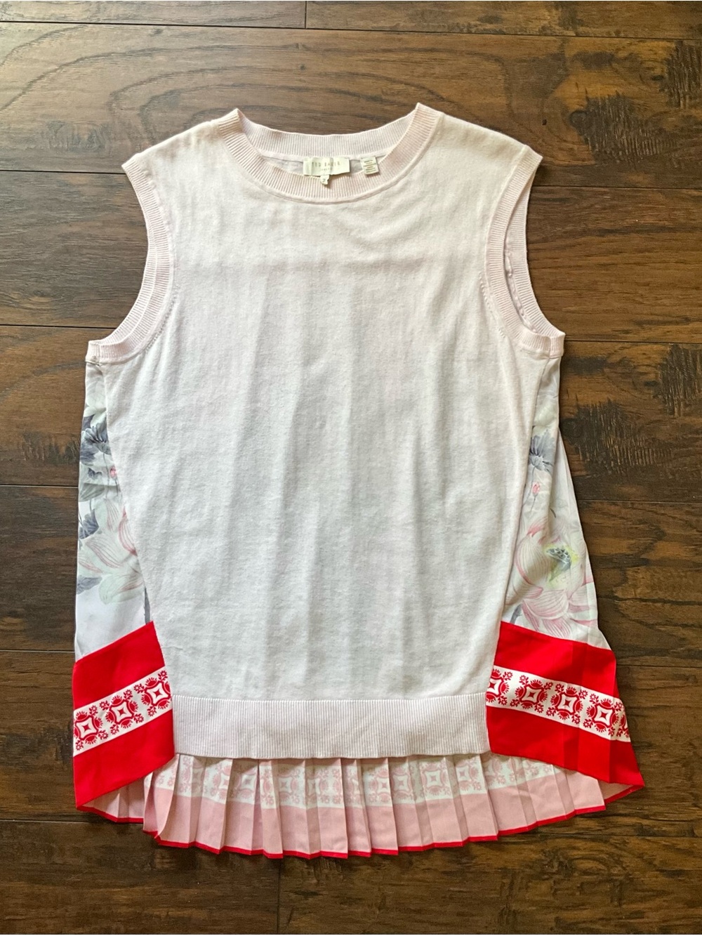 Ted Baker London Light Pink Sleeveless Top with Floral Panels & Red Trim